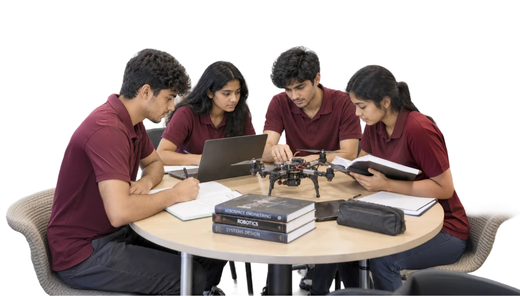 Students building a drone together